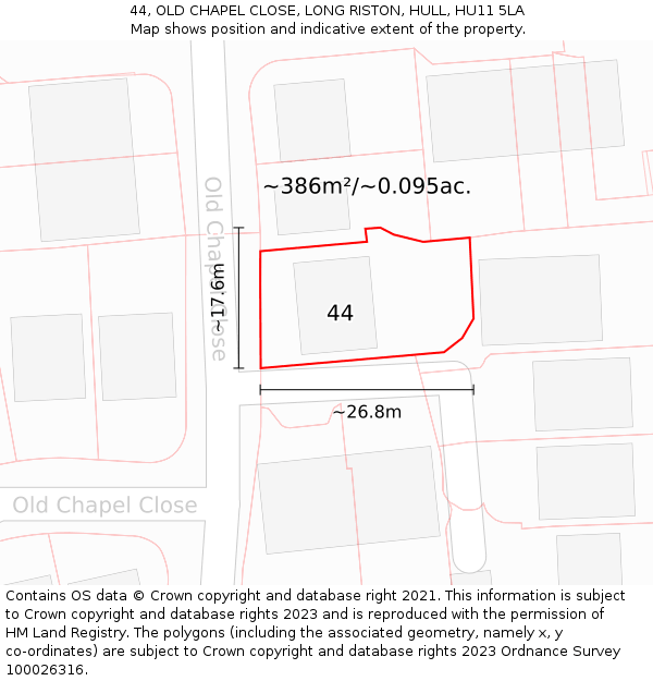 44, OLD CHAPEL CLOSE, LONG RISTON, HULL, HU11 5LA: Plot and title map