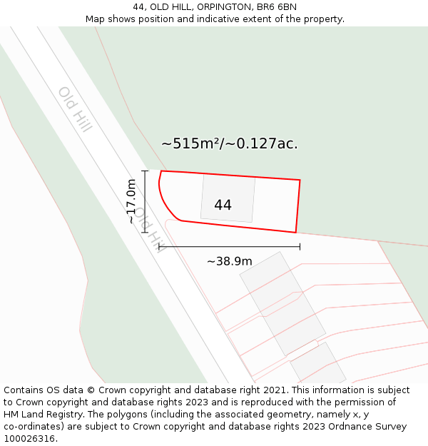 44, OLD HILL, ORPINGTON, BR6 6BN: Plot and title map