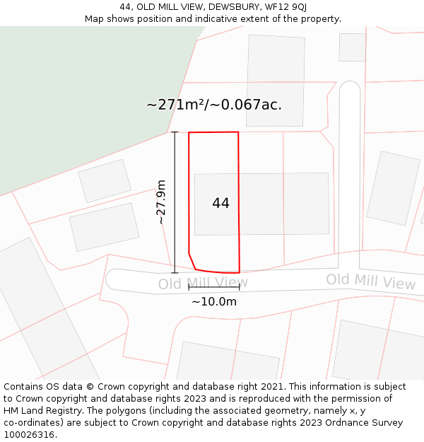 44, OLD MILL VIEW, DEWSBURY, WF12 9QJ: Plot and title map