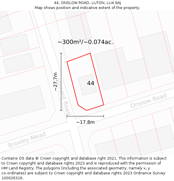 44, ONSLOW ROAD, LUTON, LU4 9AJ: Plot and title map