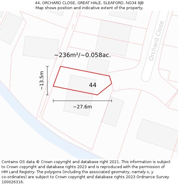 44, ORCHARD CLOSE, GREAT HALE, SLEAFORD, NG34 9JB: Plot and title map