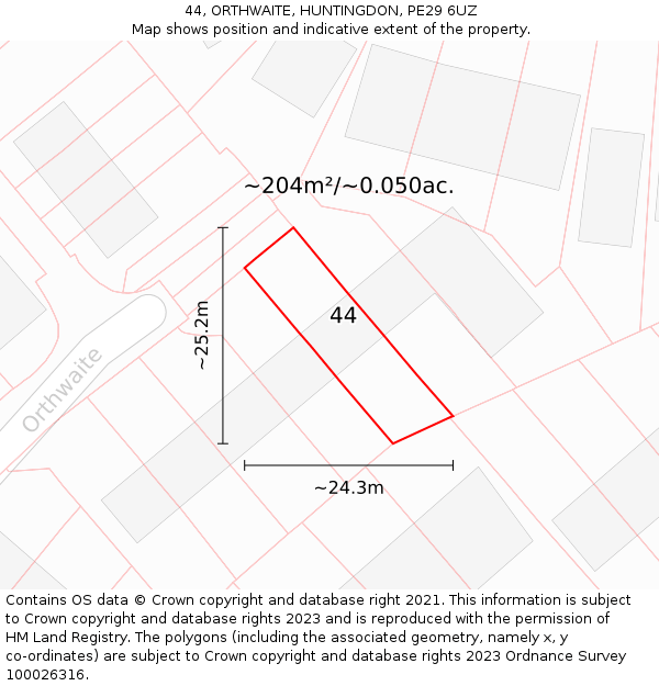 44, ORTHWAITE, HUNTINGDON, PE29 6UZ: Plot and title map