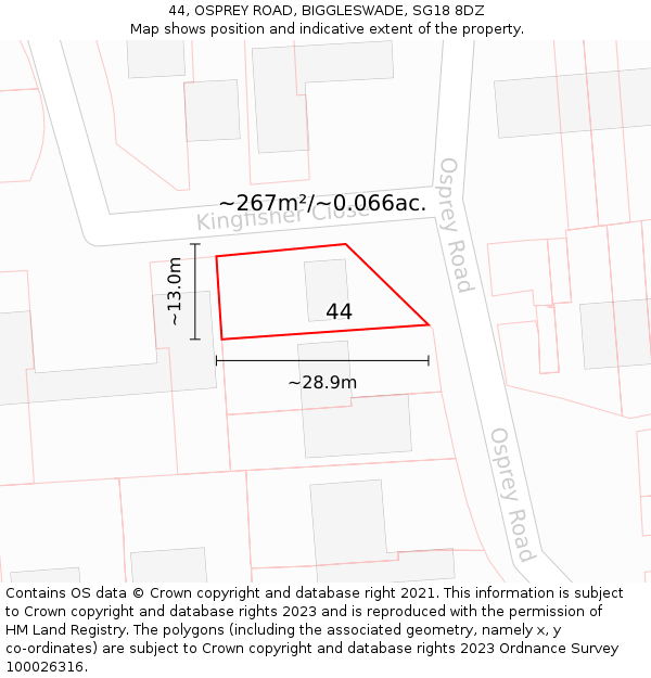 44, OSPREY ROAD, BIGGLESWADE, SG18 8DZ: Plot and title map