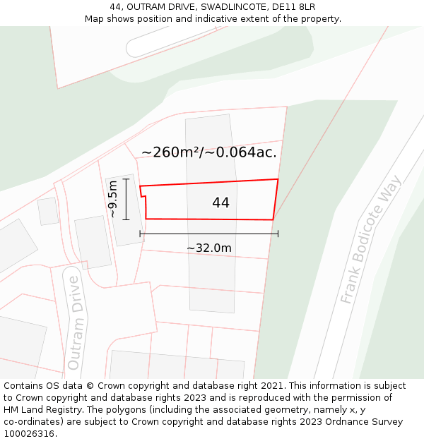 44, OUTRAM DRIVE, SWADLINCOTE, DE11 8LR: Plot and title map