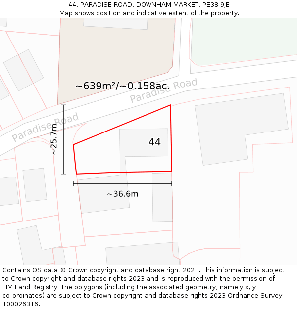 44, PARADISE ROAD, DOWNHAM MARKET, PE38 9JE: Plot and title map