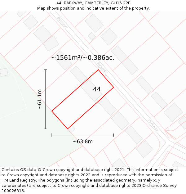 44, PARKWAY, CAMBERLEY, GU15 2PE: Plot and title map