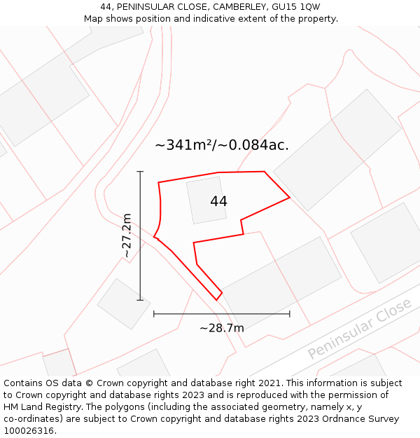 44, PENINSULAR CLOSE, CAMBERLEY, GU15 1QW: Plot and title map