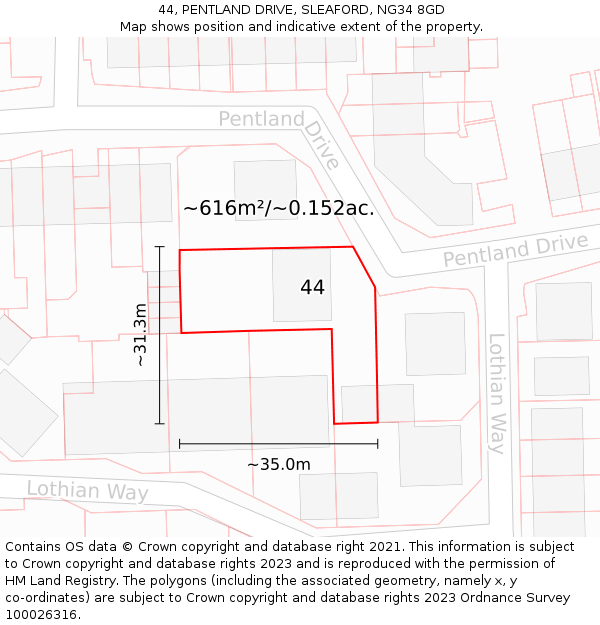 44, PENTLAND DRIVE, SLEAFORD, NG34 8GD: Plot and title map