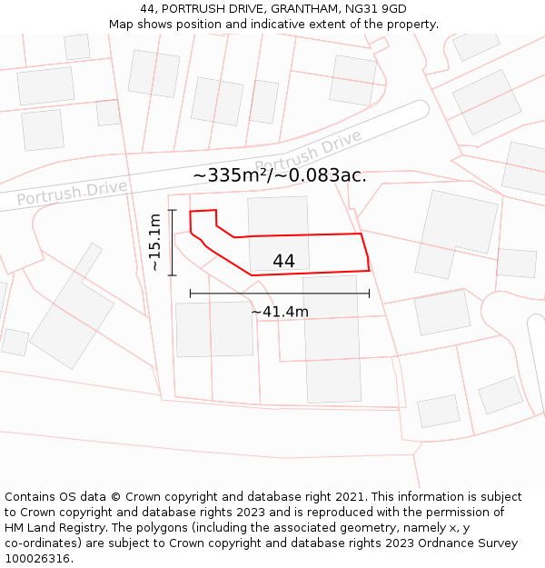 44, PORTRUSH DRIVE, GRANTHAM, NG31 9GD: Plot and title map