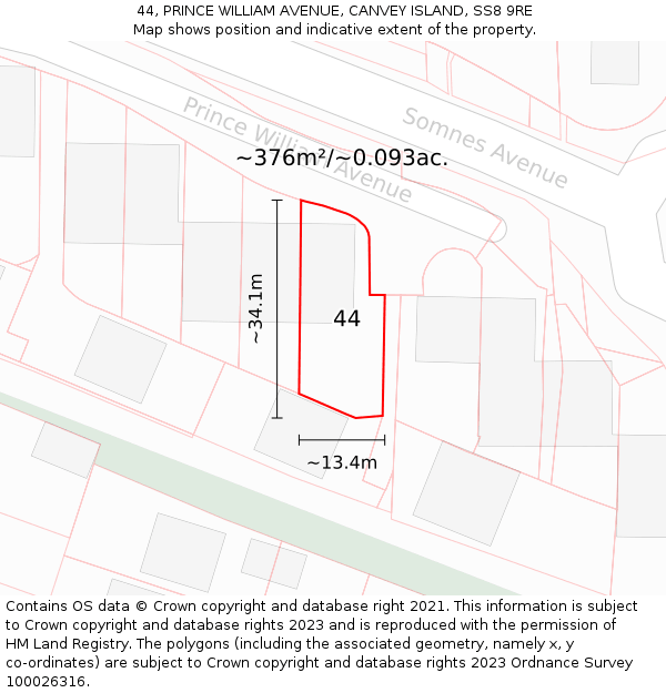 44, PRINCE WILLIAM AVENUE, CANVEY ISLAND, SS8 9RE: Plot and title map