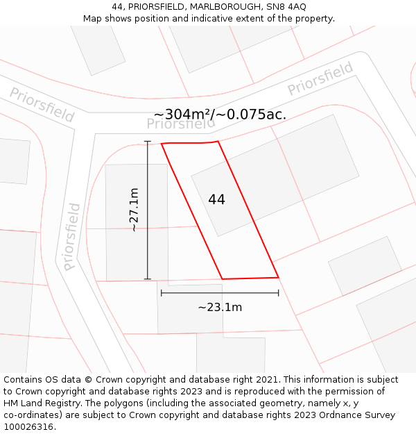 44, PRIORSFIELD, MARLBOROUGH, SN8 4AQ: Plot and title map