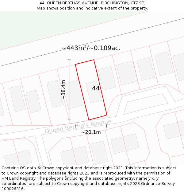 44, QUEEN BERTHAS AVENUE, BIRCHINGTON, CT7 9BJ: Plot and title map