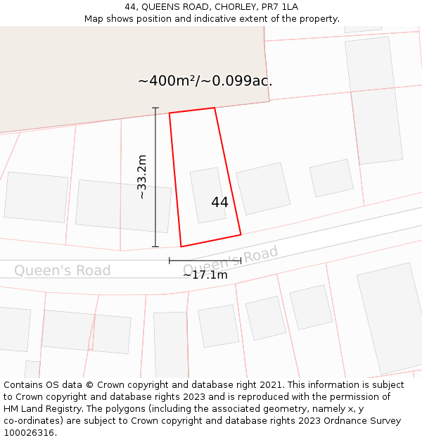 44, QUEENS ROAD, CHORLEY, PR7 1LA: Plot and title map