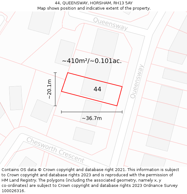 44, QUEENSWAY, HORSHAM, RH13 5AY: Plot and title map