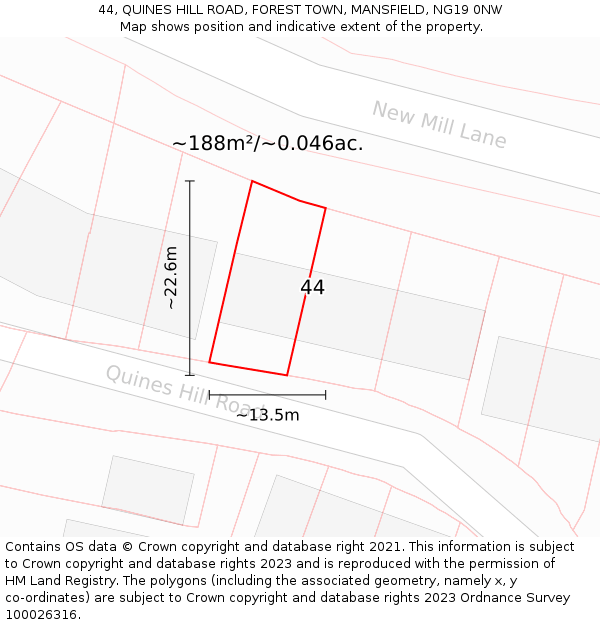 44, QUINES HILL ROAD, FOREST TOWN, MANSFIELD, NG19 0NW: Plot and title map