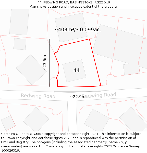 44, REDWING ROAD, BASINGSTOKE, RG22 5UP: Plot and title map