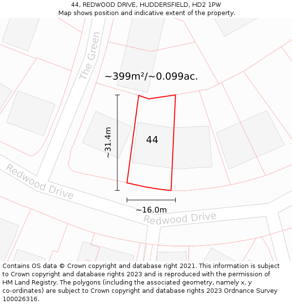 44, REDWOOD DRIVE, HUDDERSFIELD, HD2 1PW: Plot and title map