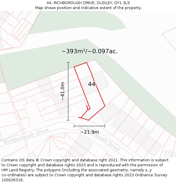 44, RICHBOROUGH DRIVE, DUDLEY, DY1 3LS: Plot and title map