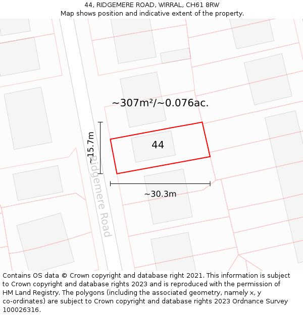 44, RIDGEMERE ROAD, WIRRAL, CH61 8RW: Plot and title map