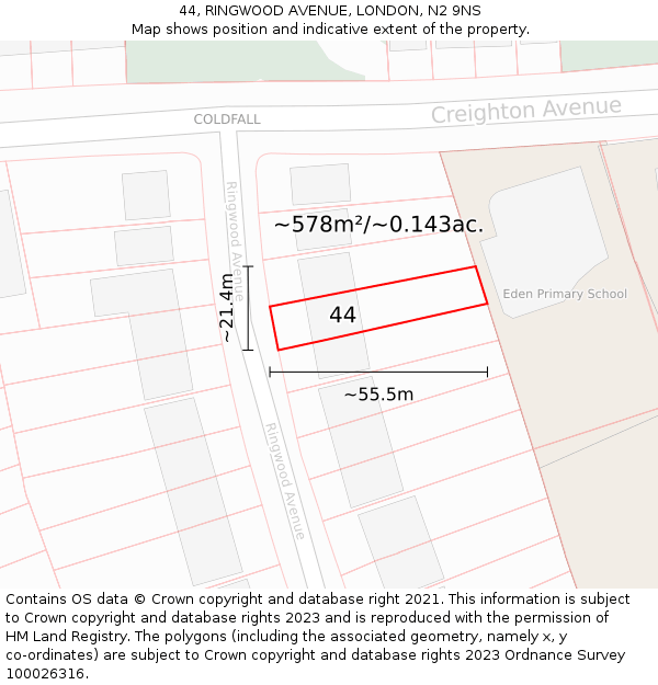 44, RINGWOOD AVENUE, LONDON, N2 9NS: Plot and title map