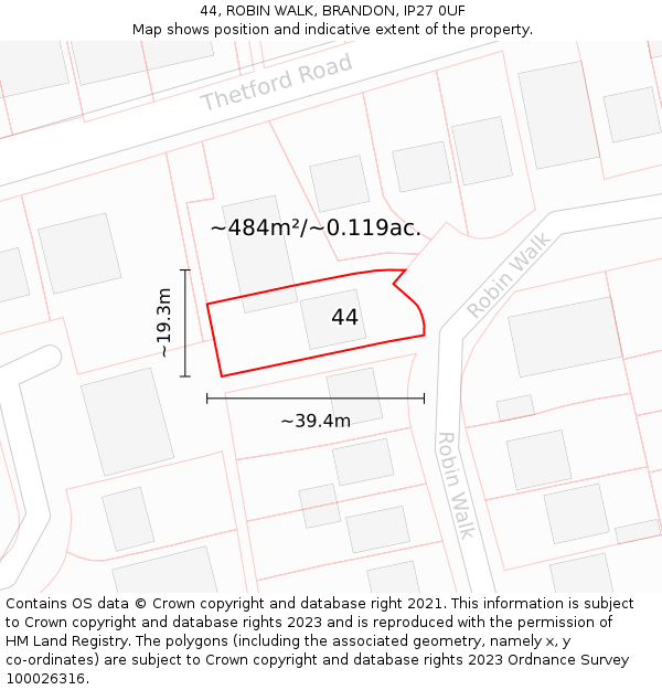 44, ROBIN WALK, BRANDON, IP27 0UF: Plot and title map