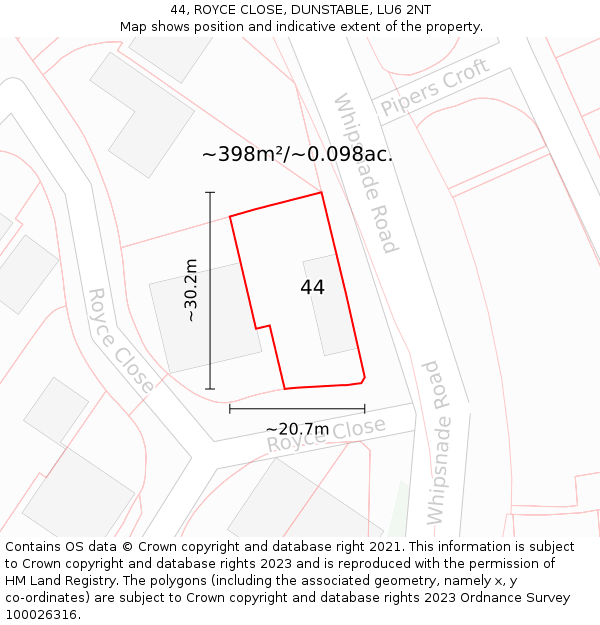 44, ROYCE CLOSE, DUNSTABLE, LU6 2NT: Plot and title map