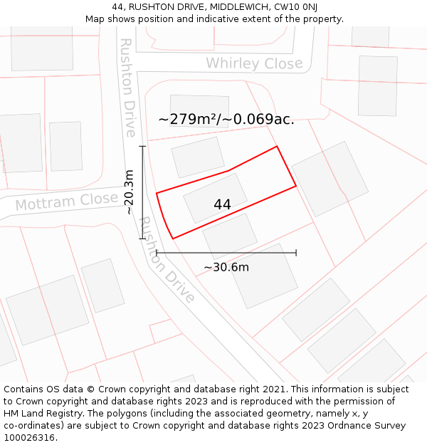 44, RUSHTON DRIVE, MIDDLEWICH, CW10 0NJ: Plot and title map