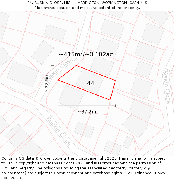 44, RUSKIN CLOSE, HIGH HARRINGTON, WORKINGTON, CA14 4LS: Plot and title map