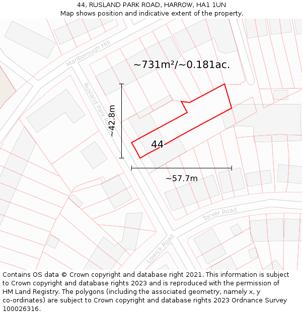 44, RUSLAND PARK ROAD, HARROW, HA1 1UN: Plot and title map
