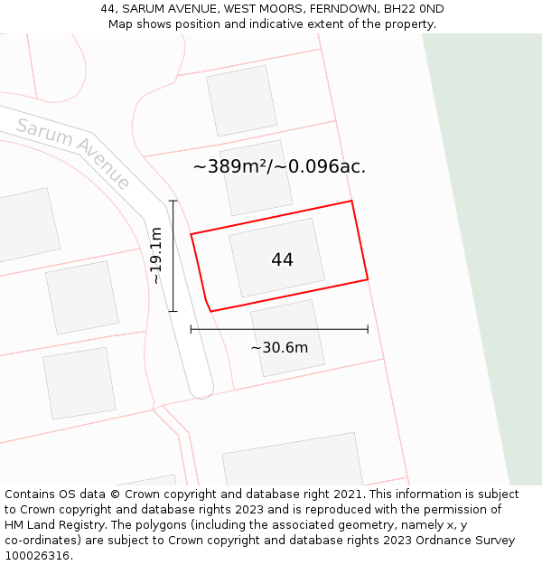 44, SARUM AVENUE, WEST MOORS, FERNDOWN, BH22 0ND: Plot and title map