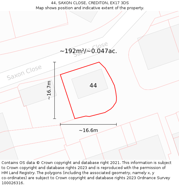 44, SAXON CLOSE, CREDITON, EX17 3DS: Plot and title map