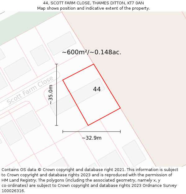 44, SCOTT FARM CLOSE, THAMES DITTON, KT7 0AN: Plot and title map