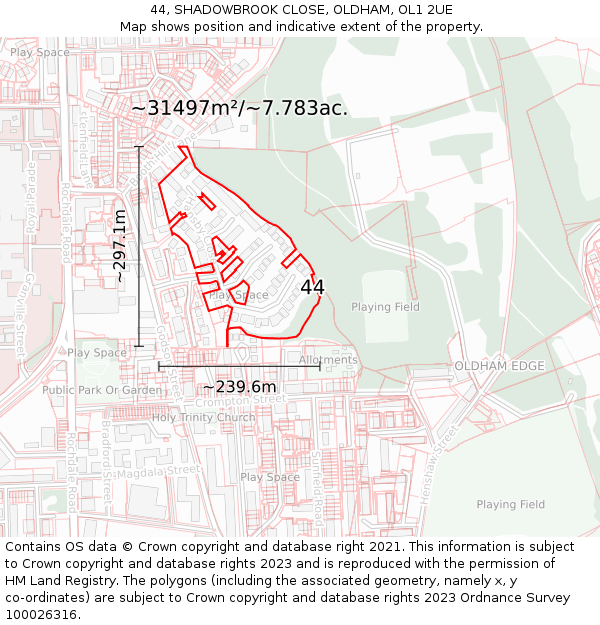 44, SHADOWBROOK CLOSE, OLDHAM, OL1 2UE: Plot and title map