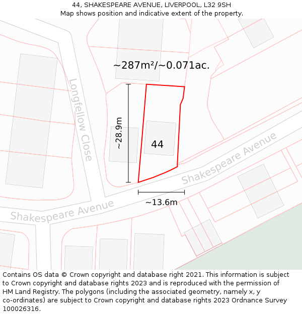 44, SHAKESPEARE AVENUE, LIVERPOOL, L32 9SH: Plot and title map