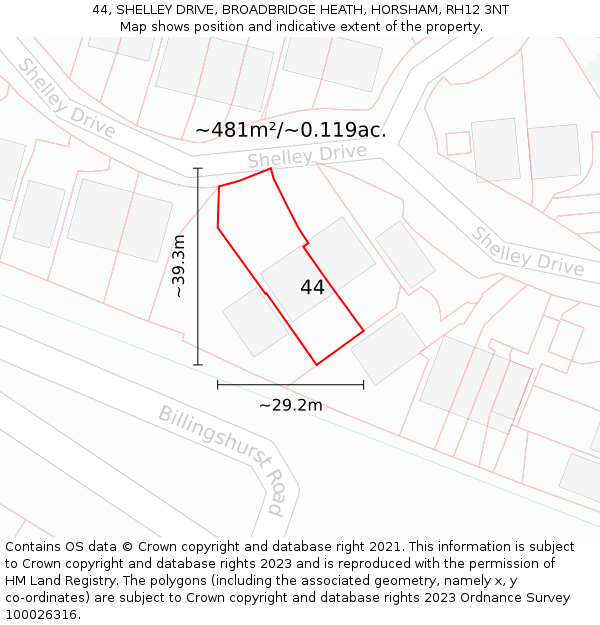 44, SHELLEY DRIVE, BROADBRIDGE HEATH, HORSHAM, RH12 3NT: Plot and title map