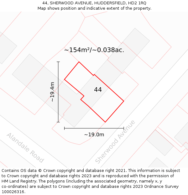 44, SHERWOOD AVENUE, HUDDERSFIELD, HD2 1RQ: Plot and title map