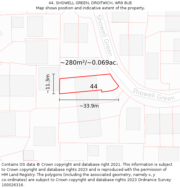 44, SHOWELL GREEN, DROITWICH, WR9 8UE: Plot and title map