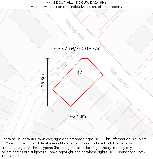 44, SIDCUP HILL, SIDCUP, DA14 6HY: Plot and title map
