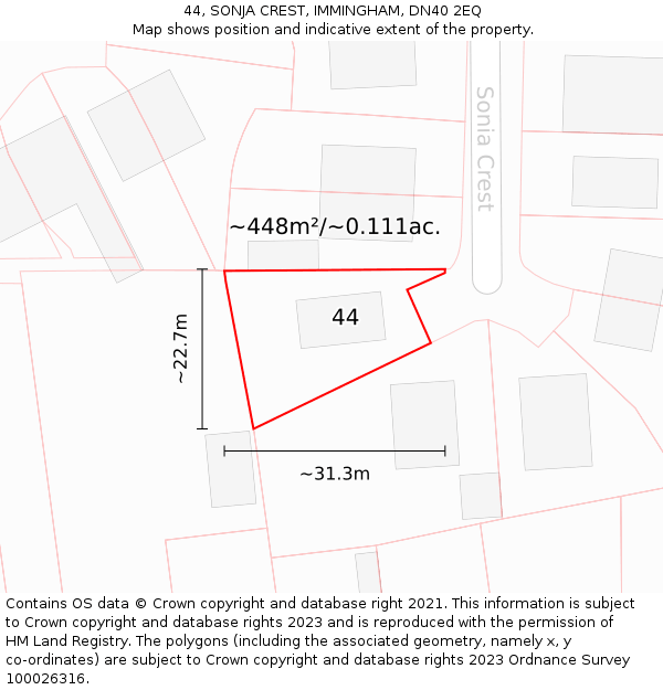 44, SONJA CREST, IMMINGHAM, DN40 2EQ: Plot and title map