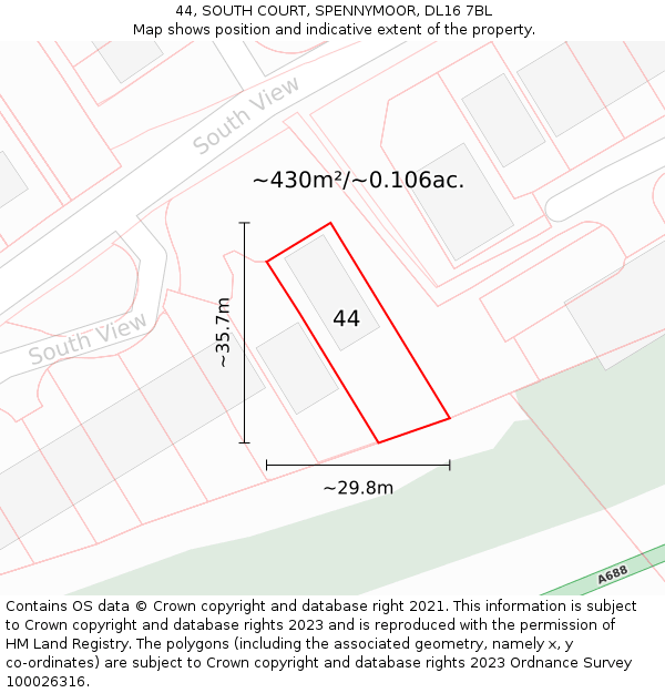 44, SOUTH COURT, SPENNYMOOR, DL16 7BL: Plot and title map