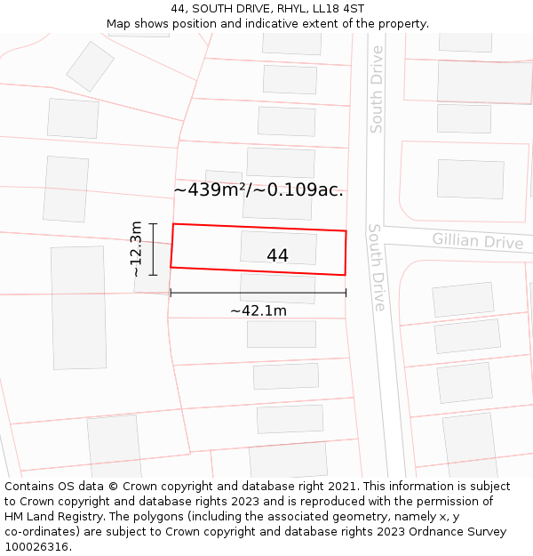 44, SOUTH DRIVE, RHYL, LL18 4ST: Plot and title map