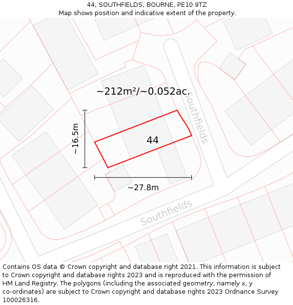 44, SOUTHFIELDS, BOURNE, PE10 9TZ: Plot and title map