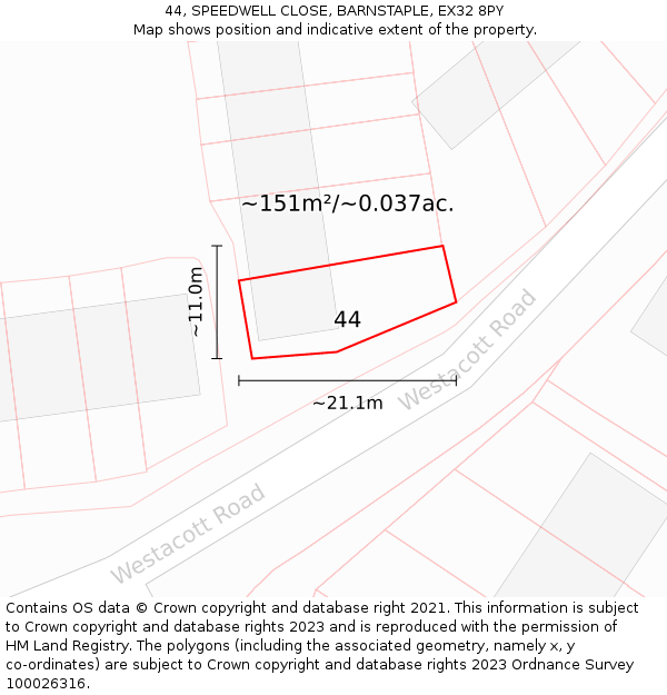 44, SPEEDWELL CLOSE, BARNSTAPLE, EX32 8PY: Plot and title map