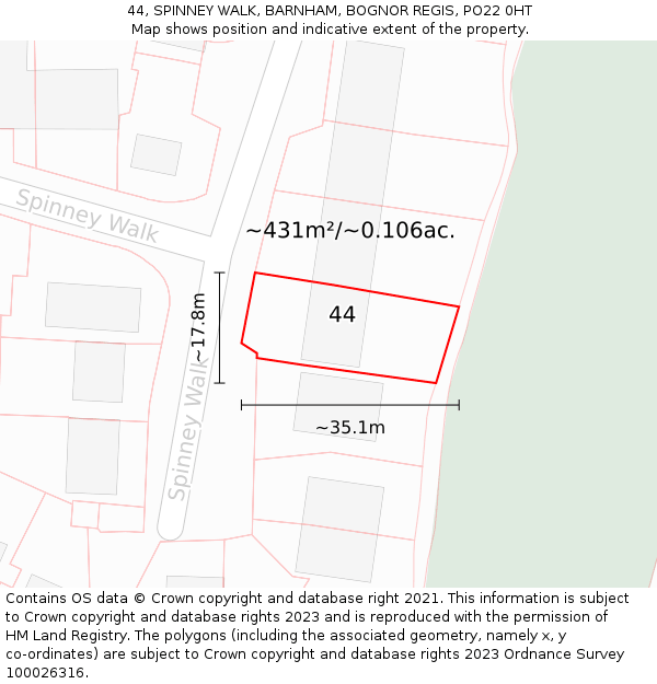 44, SPINNEY WALK, BARNHAM, BOGNOR REGIS, PO22 0HT: Plot and title map