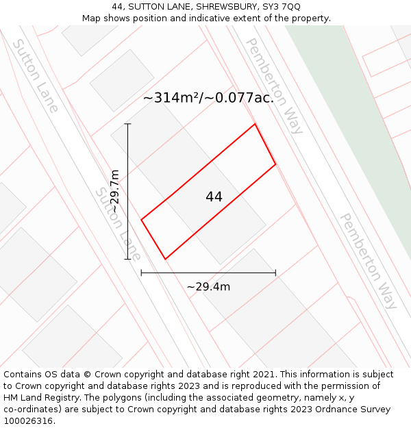 44, SUTTON LANE, SHREWSBURY, SY3 7QQ: Plot and title map