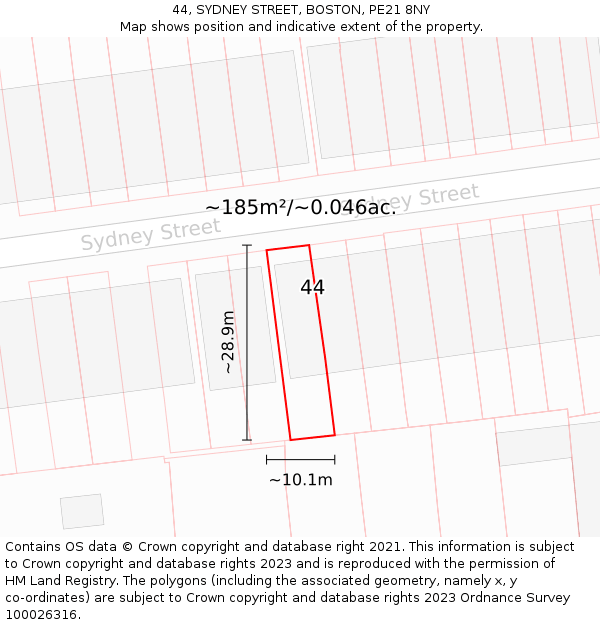 44, SYDNEY STREET, BOSTON, PE21 8NY: Plot and title map