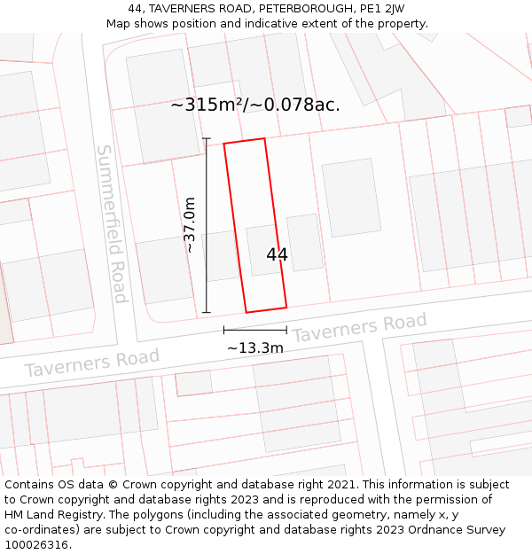 44, TAVERNERS ROAD, PETERBOROUGH, PE1 2JW: Plot and title map