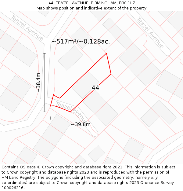 44, TEAZEL AVENUE, BIRMINGHAM, B30 1LZ: Plot and title map