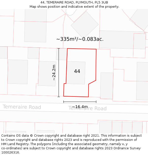 44, TEMERAIRE ROAD, PLYMOUTH, PL5 3UB: Plot and title map