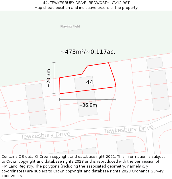 44, TEWKESBURY DRIVE, BEDWORTH, CV12 9ST: Plot and title map